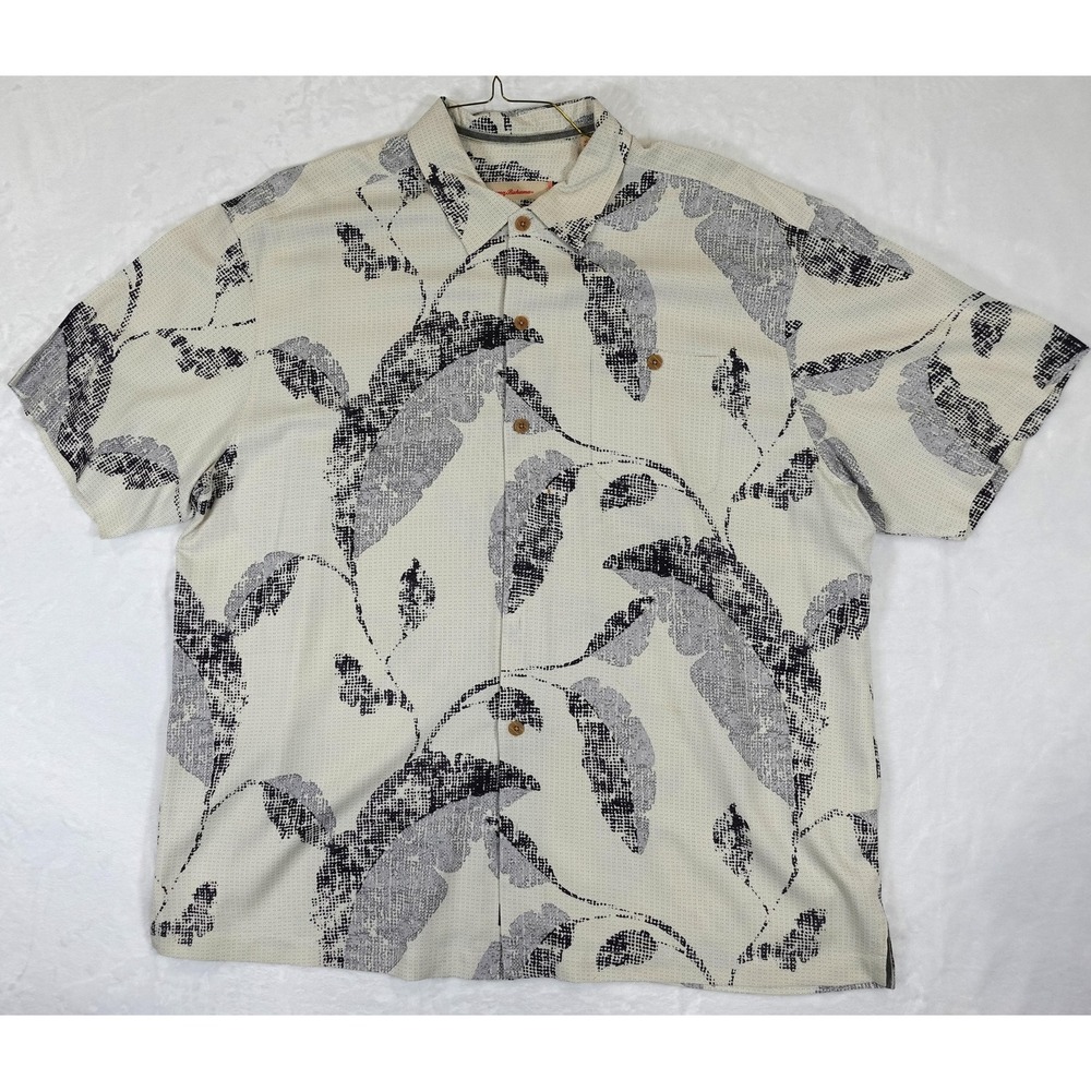 Tommy Bahama Shirt Men XXL XLX Tan Black Silk Floral Print Button Up Camp Casual